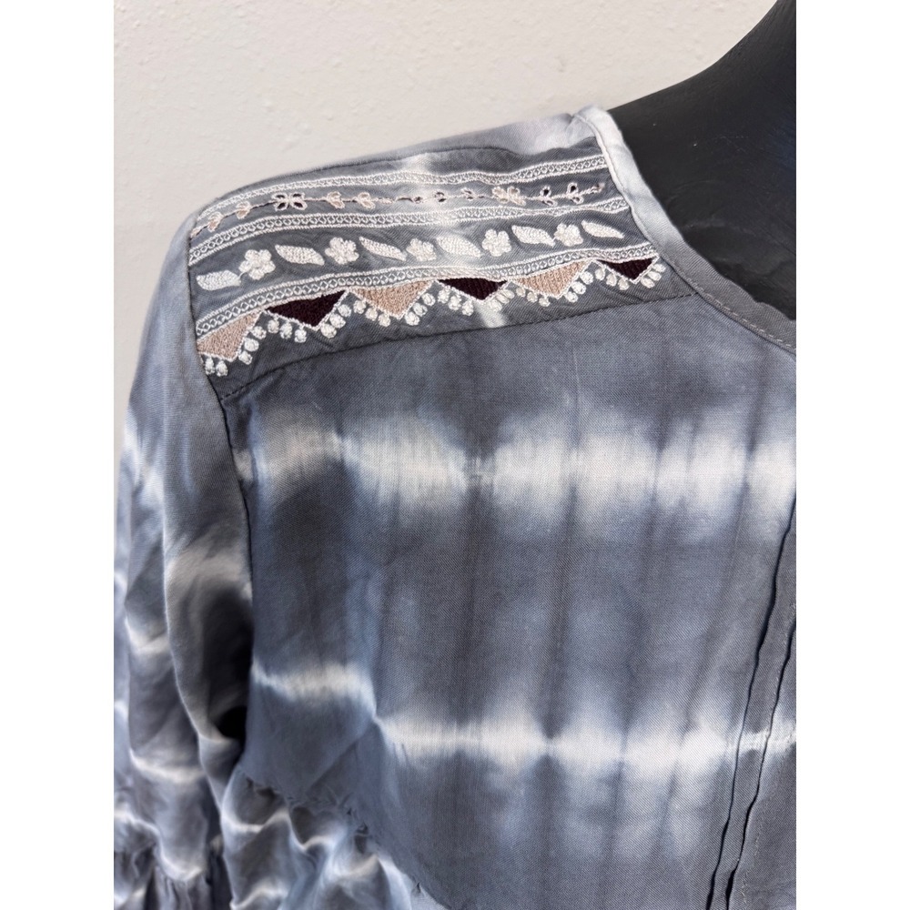 Buda Jeans Co Womens Babydoll Top Sz L Gray TieDye Embroidered Boho Fairy Grunge - Picture 4 of 7